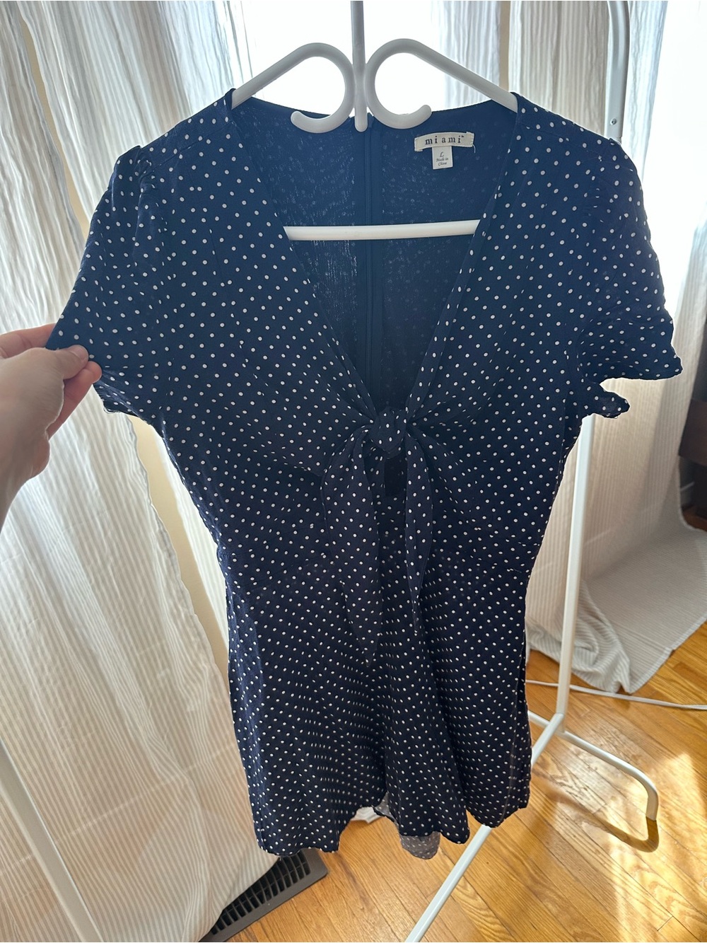 miami Navy White Polka Dot Tie-Front Short Sleeve Top